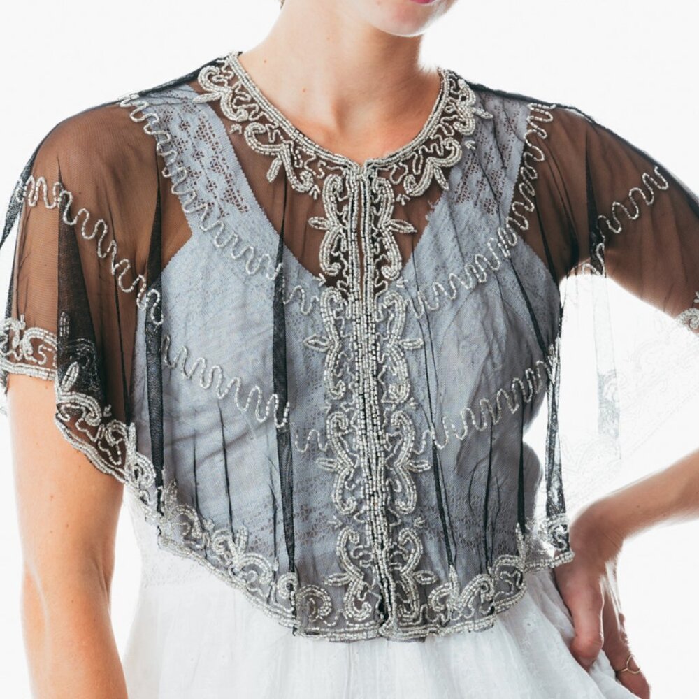 Beaded special occasion shrug  Black silver shiny evening capelet /Sequin Poncho